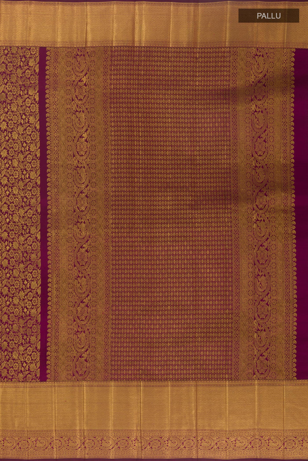 Close up image of the pallu of Purple Kanchipuram Silk Saree with Zari Brocade on the body and Zari Border. 