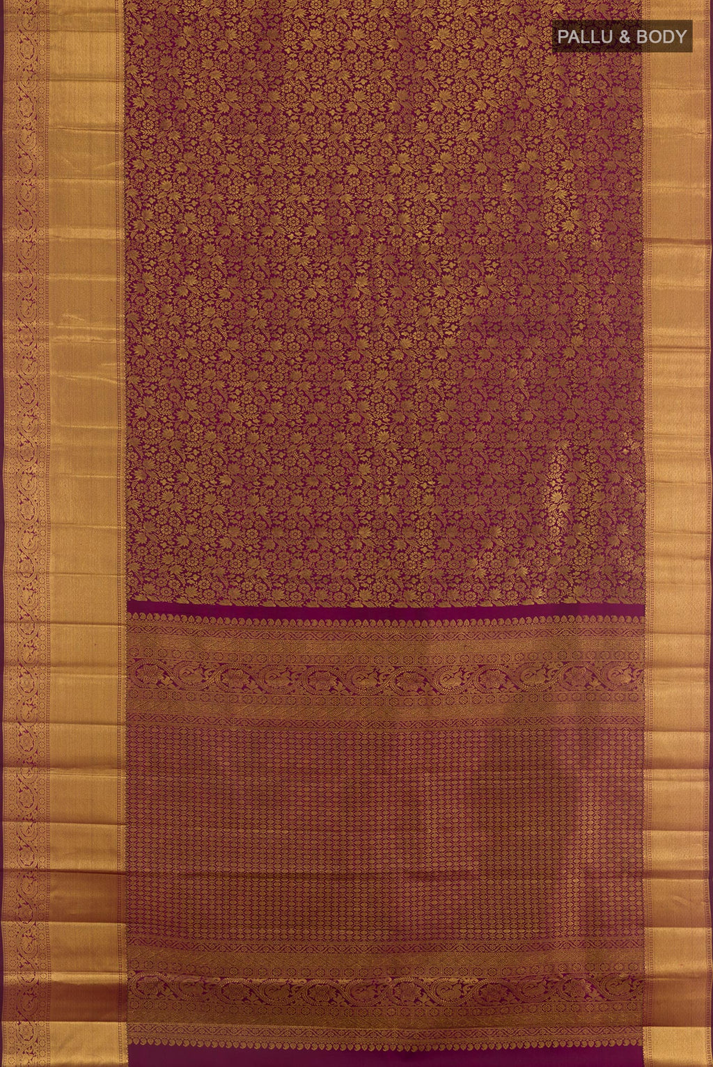Flat view of Purple Kanchipuram Silk Saree with Zari Brocade on the body and Zari Border. 