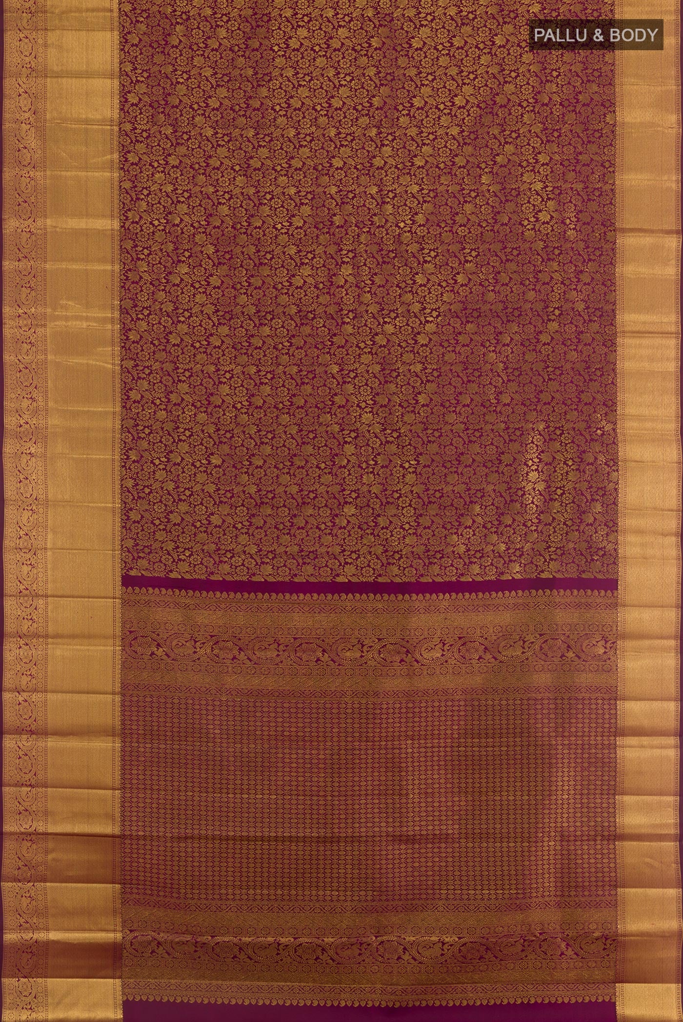 Flat view of Purple Kanchipuram Silk Saree with Zari Brocade on the body and Zari Border. 