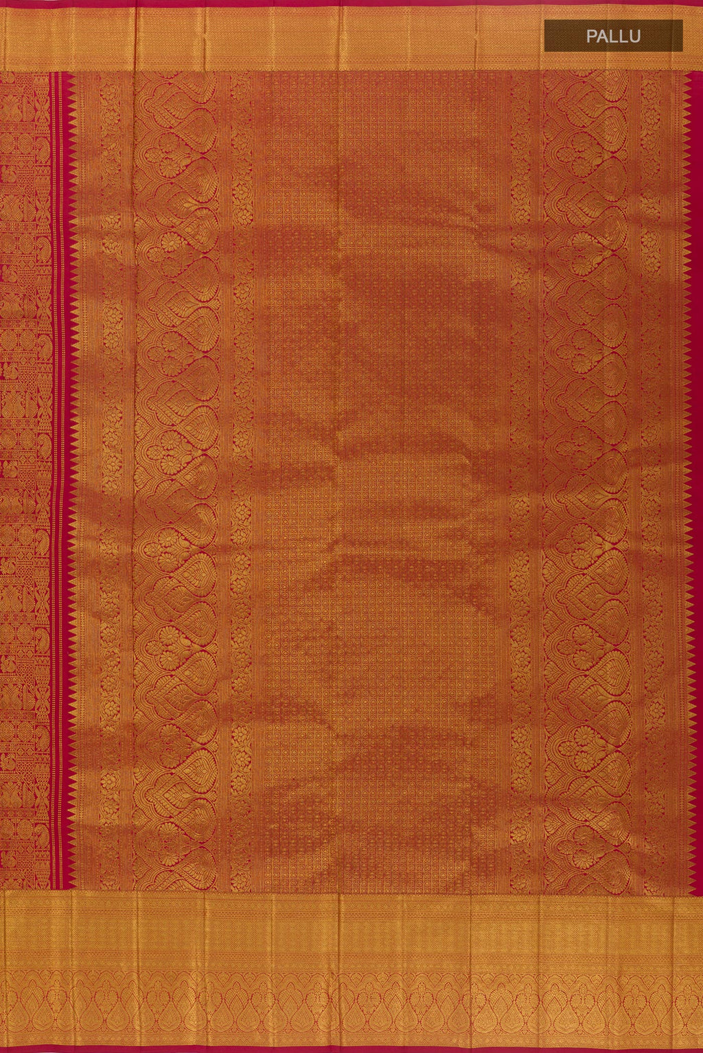 Close up image of the pallu of Red Kanchipuram Silk Saree with Zari Brocade on the body and Zari Border. 
