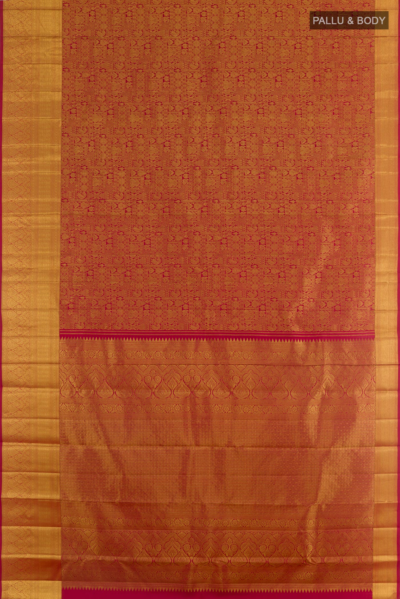 Flat view of Red Kanchipuram Silk Saree with Zari Brocade on the body and Zari Border. 
