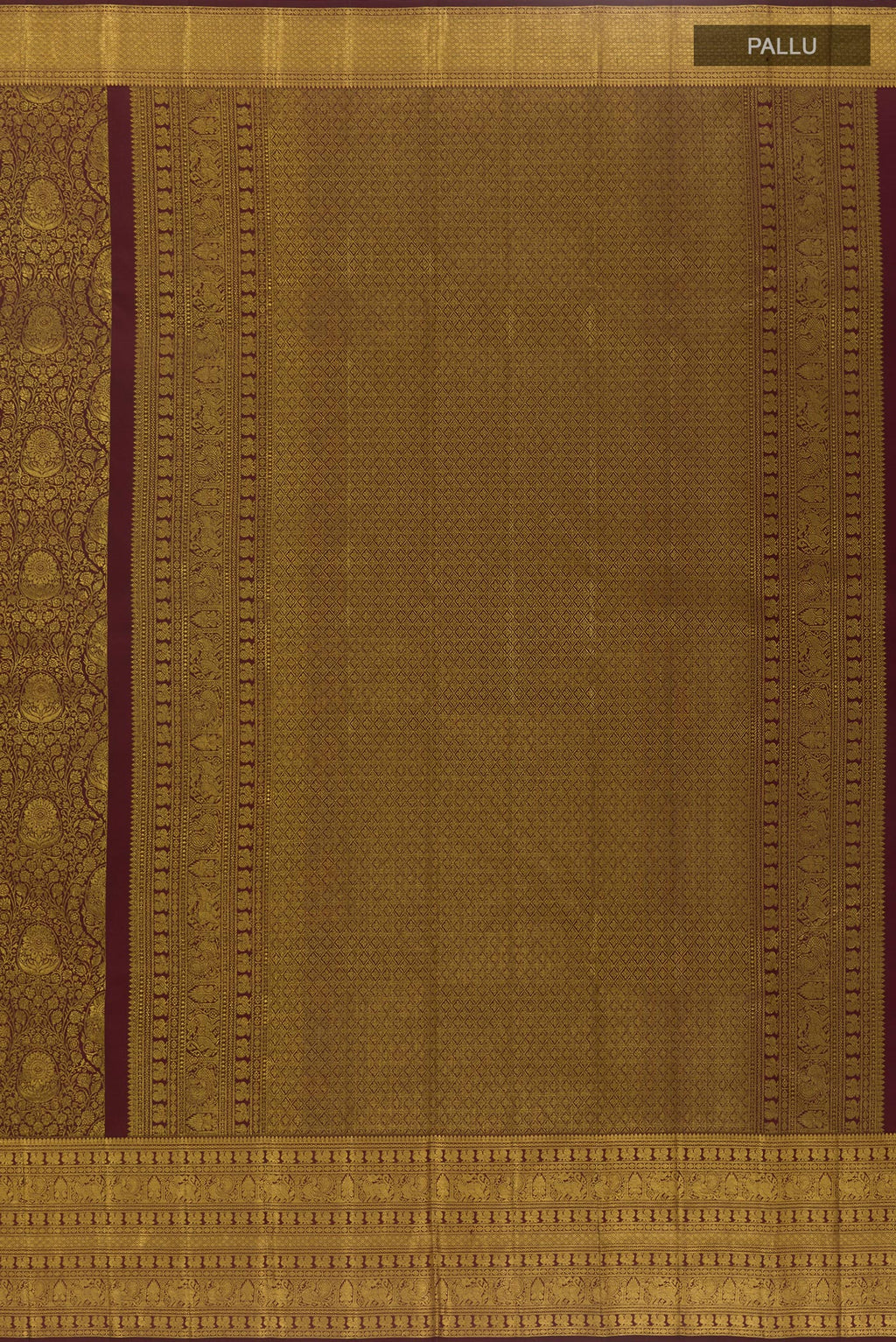 Close up image of the pallu of Black Kanchipuram Silk Saree with Zari Brocade on the body and Zari Border. 