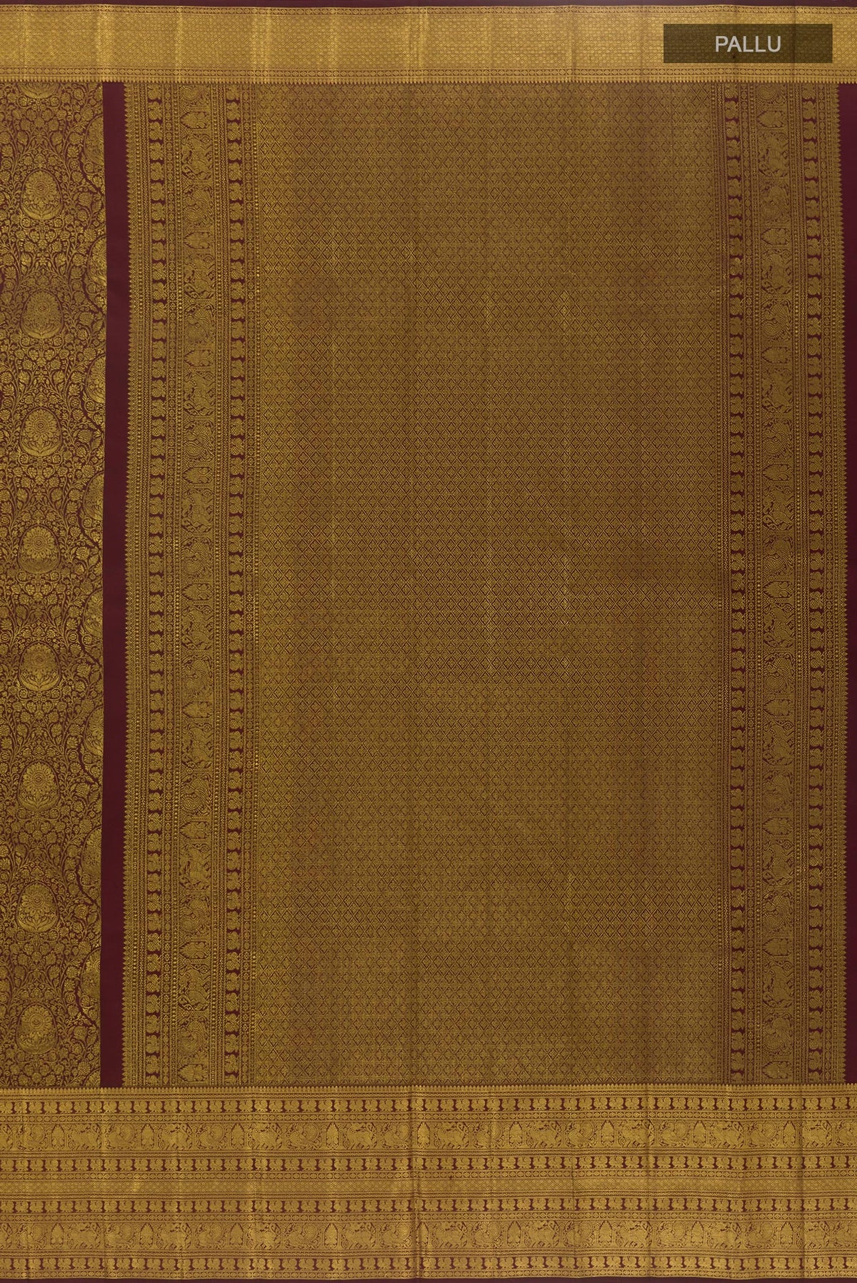 Close up image of the pallu of Black Kanchipuram Silk Saree with Zari Brocade on the body and Zari Border. 