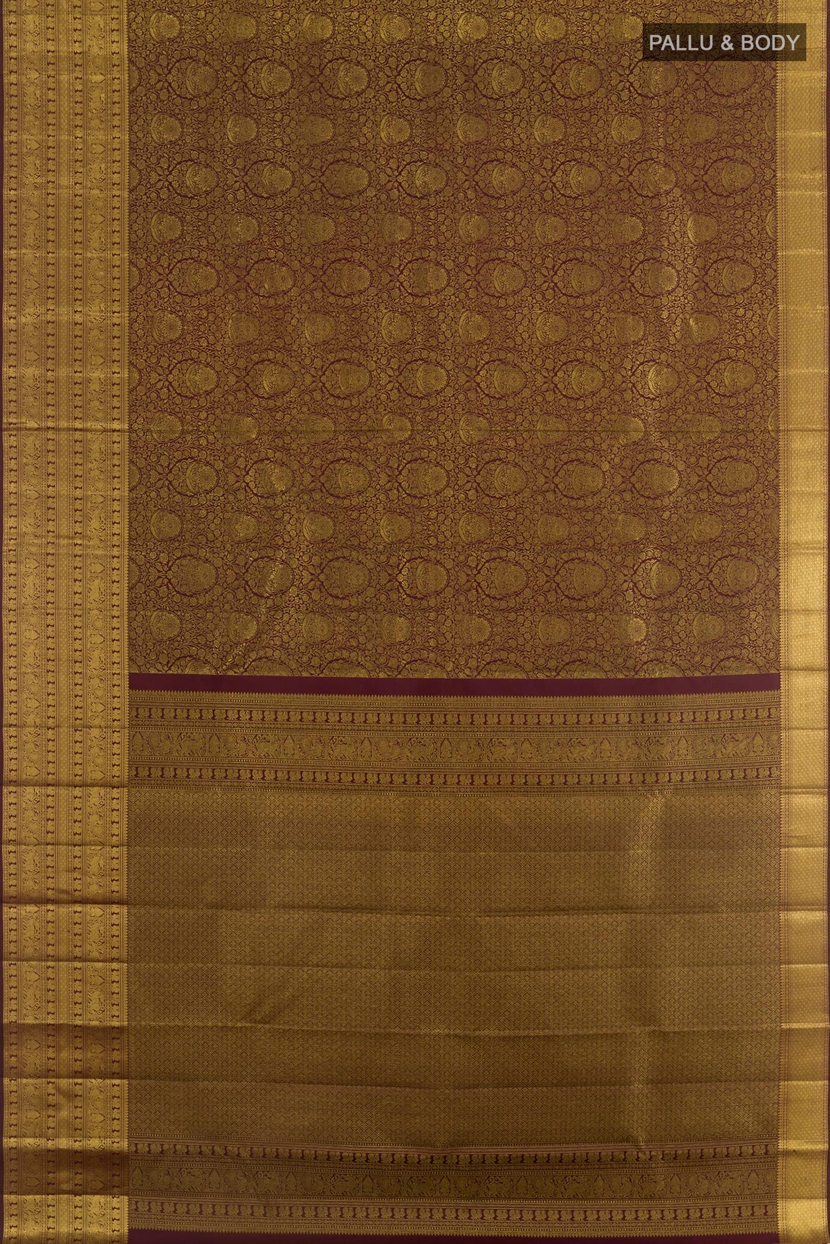 Flat view of Black Kanchipuram Silk Saree with Zari Brocade on the body and Zari Border. 