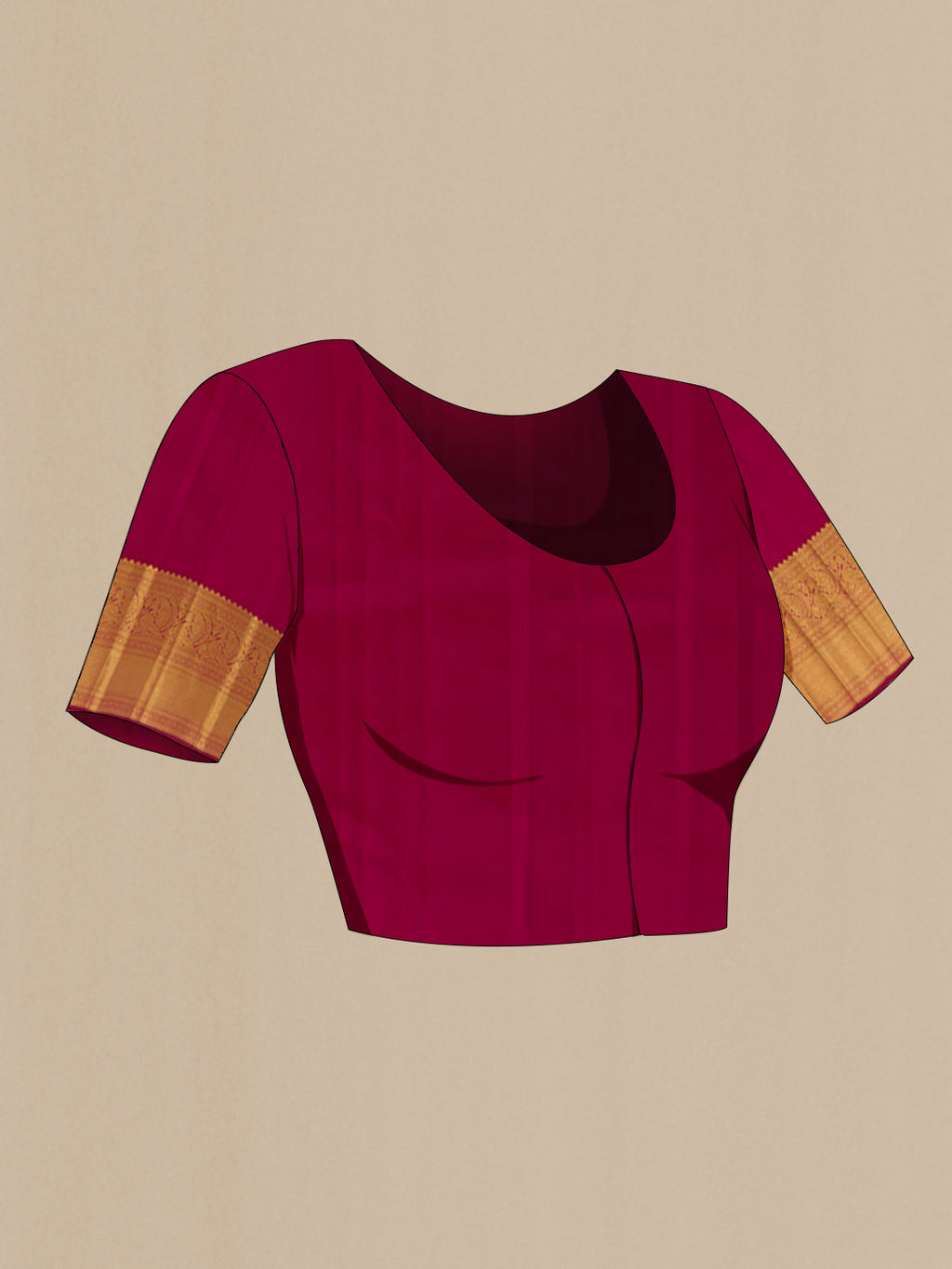 Close up image of the blouse of Maroon Kanchipuram Silk Saree with Zari Brocade on the body and Zari Border. 