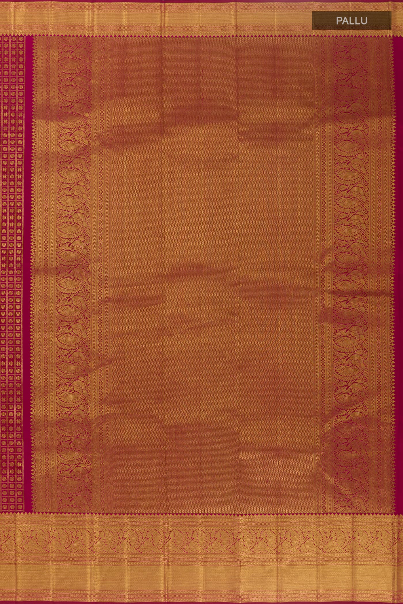 Close up image of the pallu of Maroon Kanchipuram Silk Saree with Zari Brocade on the body and Zari Border. 