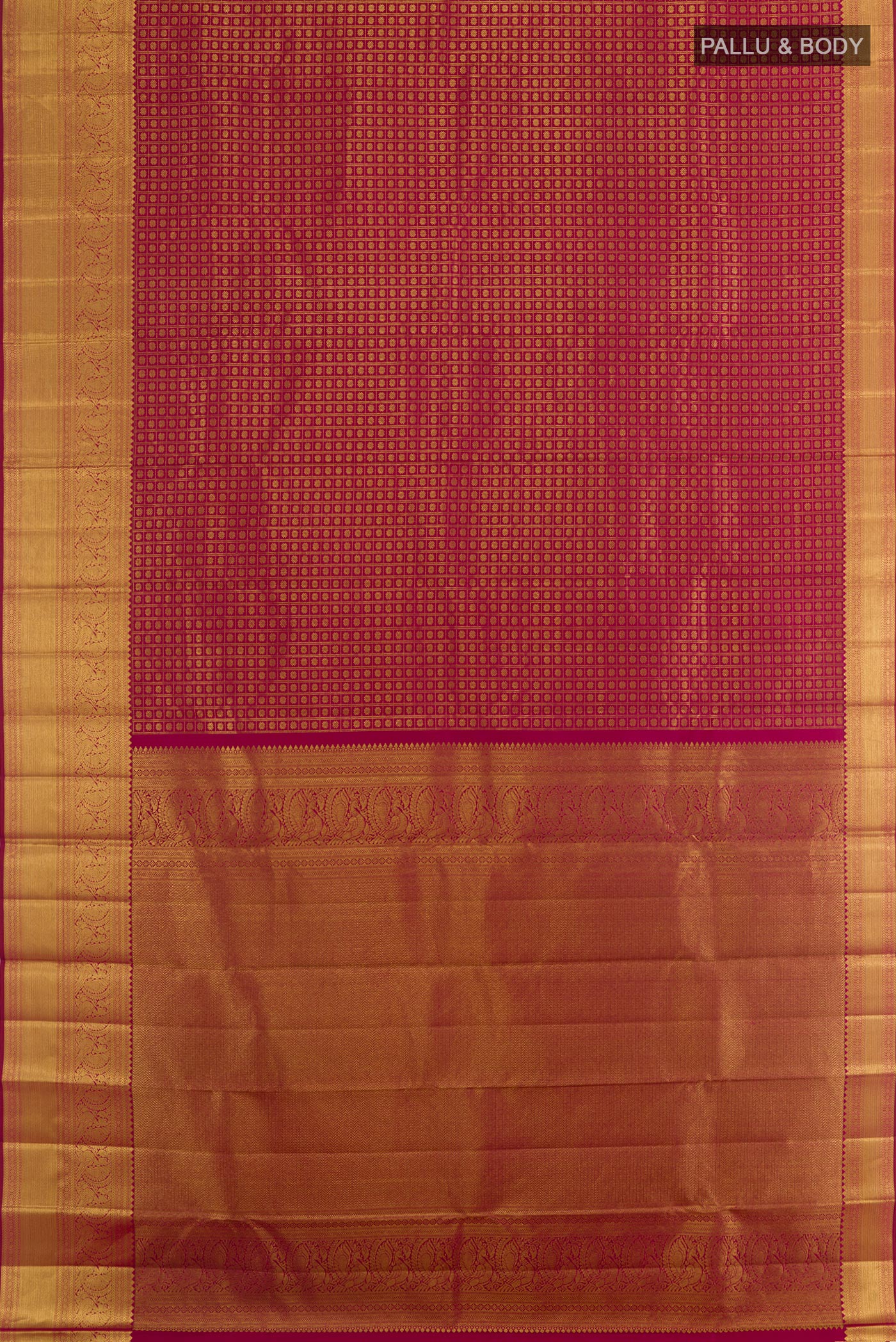 Flat view of Maroon Kanchipuram Silk Saree with Zari Brocade on the body and Zari Border. 