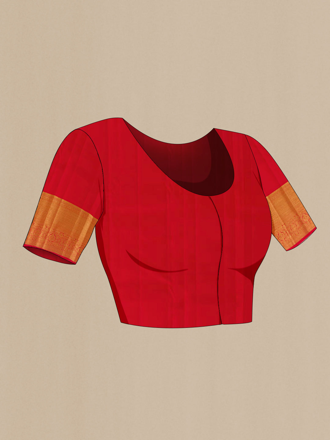 Close up image of the blouse of Red Kanchipuram Silk Saree with Zari Brocade on the body and Zari Border. 