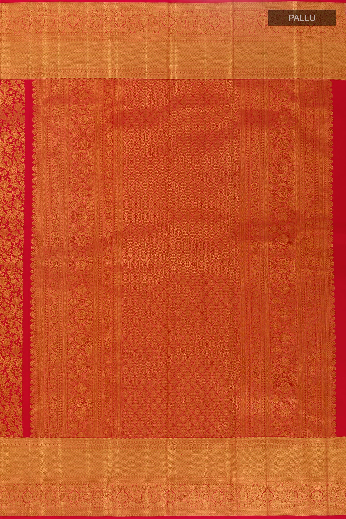 Close up image of the pallu of Red Kanchipuram Silk Saree with Zari Brocade on the body and Zari Border. 