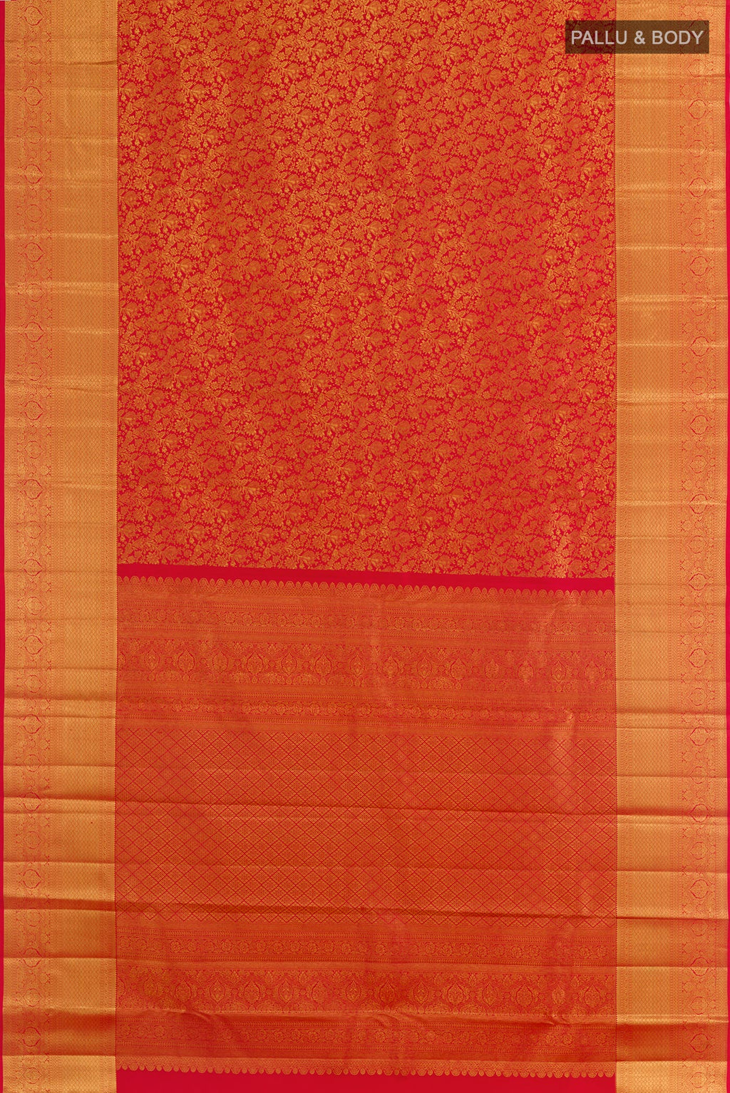 Flat view of Red Kanchipuram Silk Saree with Zari Brocade on the body and Zari Border. 