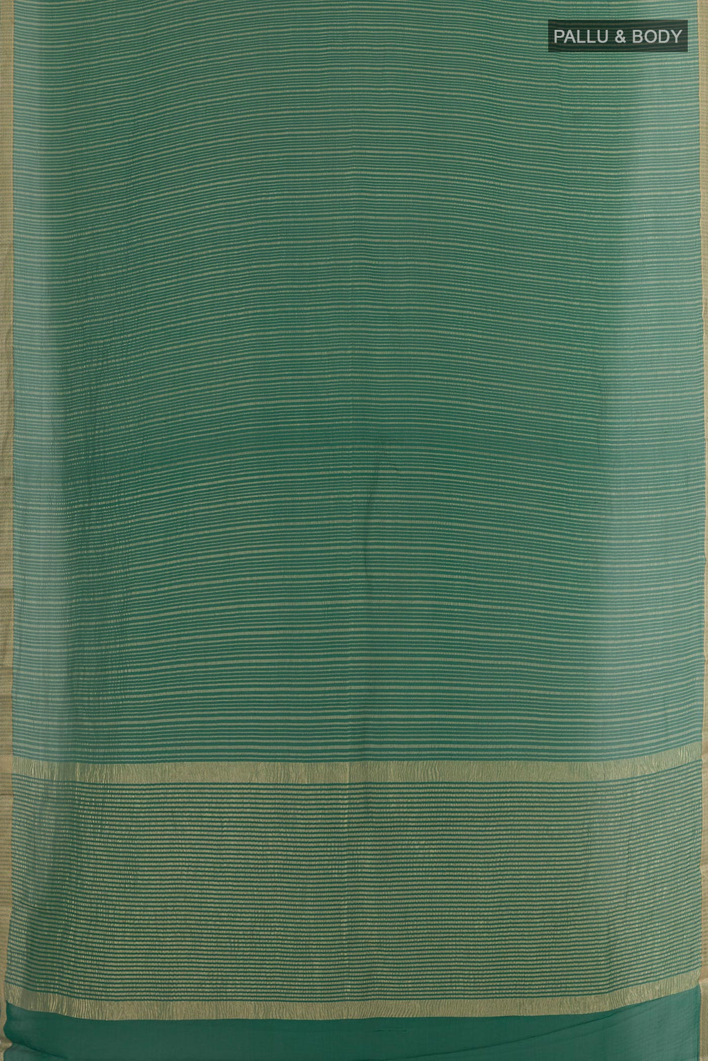 Flat view of Green Mysore Crepe Saree with Stripes on the body and Zari Border. 