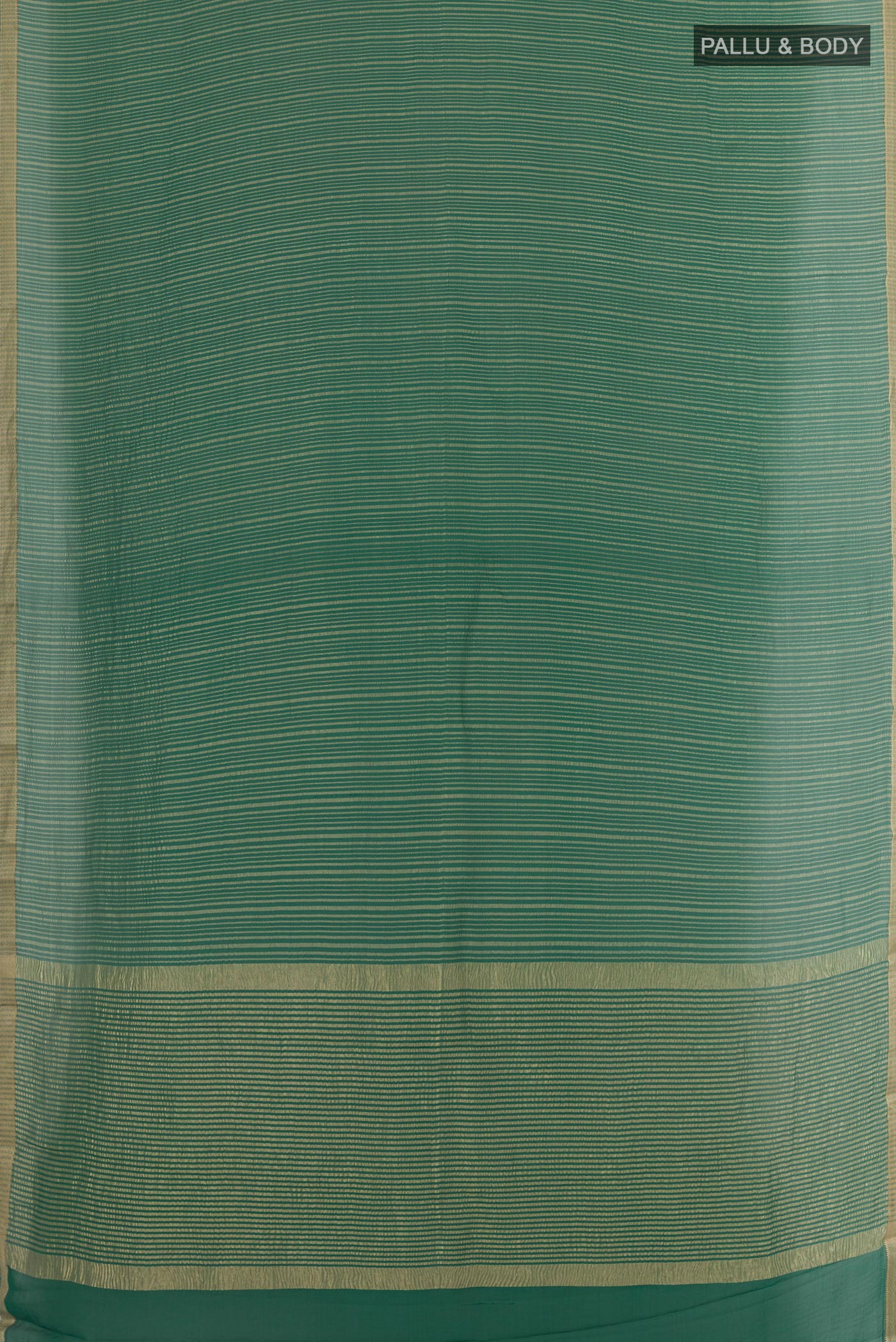 Flat view of Green Mysore Crepe Saree with Stripes on the body and Zari Border. 