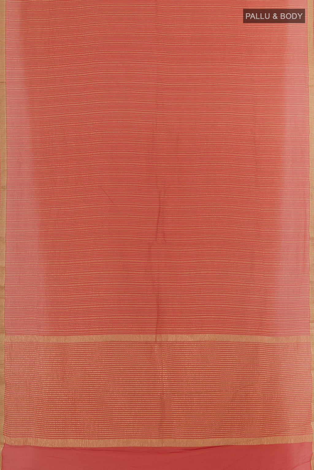 Flat view of Orange Mysore Crepe Saree with Stripes on the body and Zari Border. 