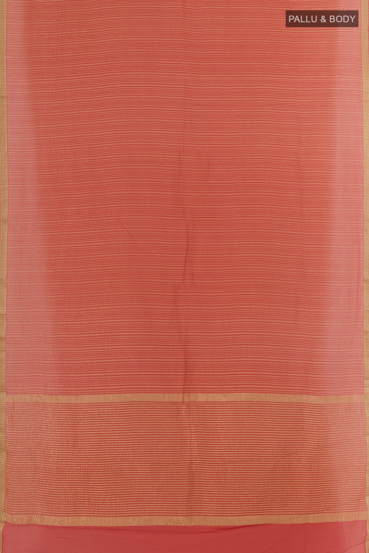 Flat view of Orange Mysore Crepe Saree with Stripes on the body and Zari Border. 