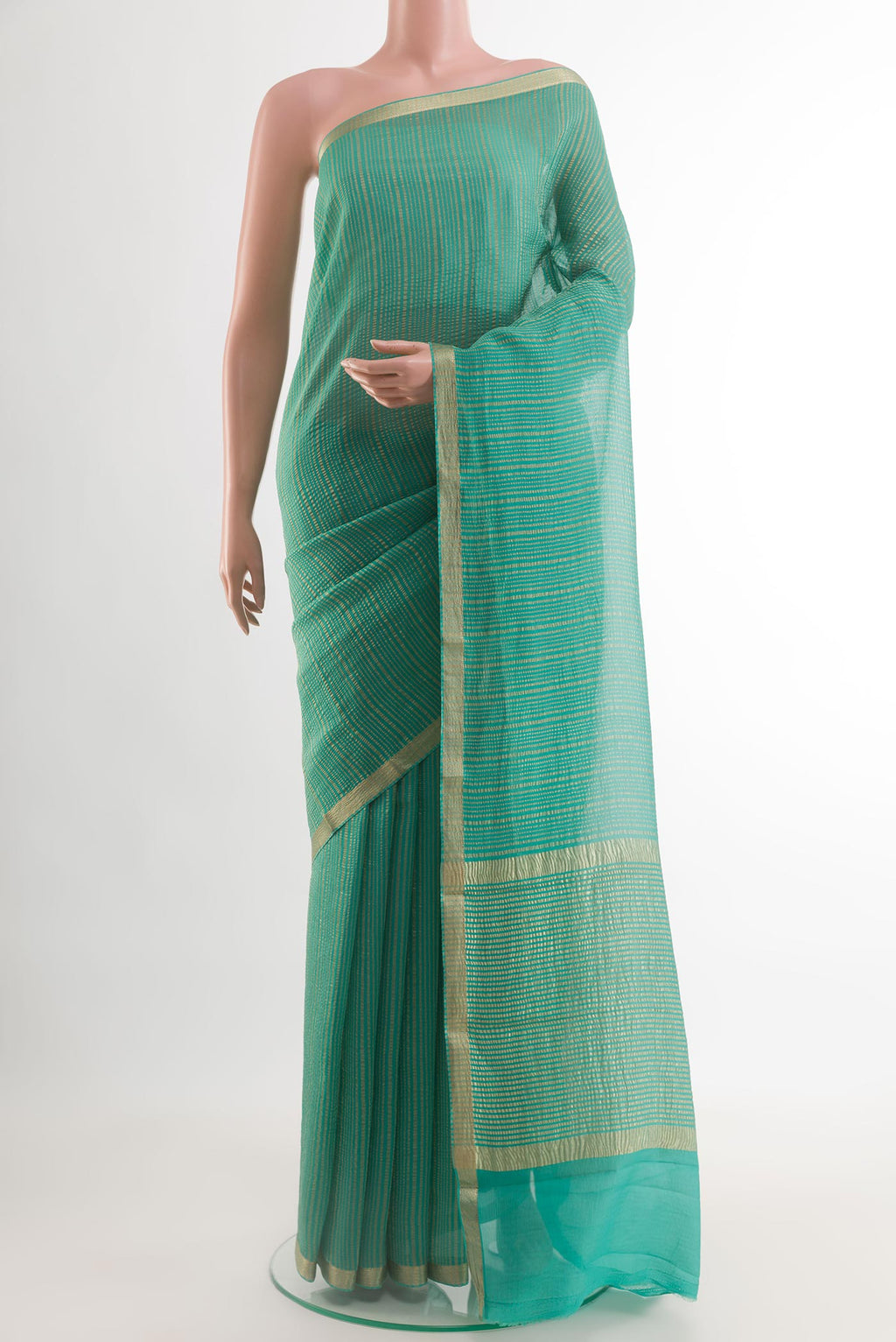 Blue Mysore Crepe Saree with Stripes on the body and Zari Border.  displayed on a mannequin