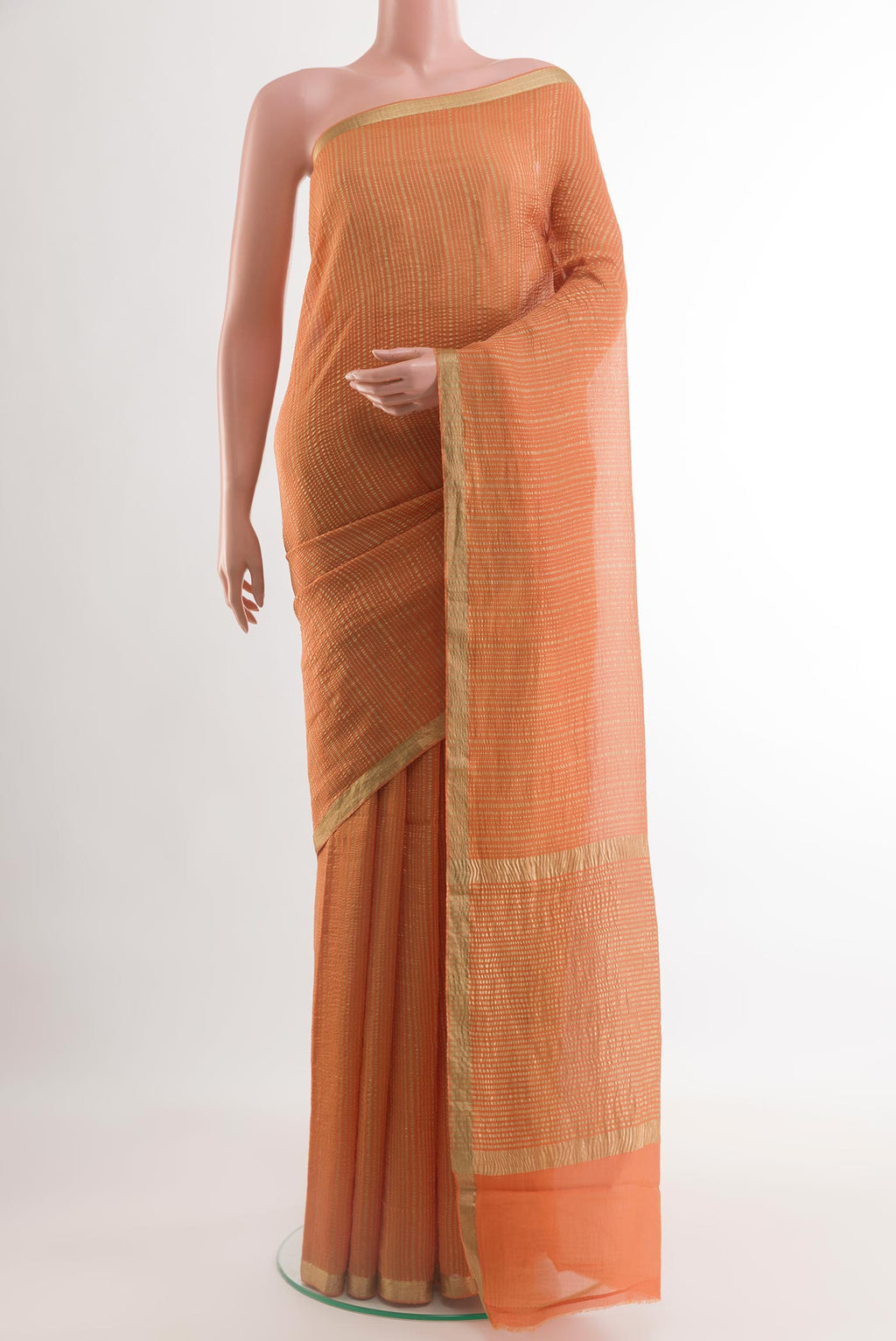 Orange Mysore Crepe Saree with Stripes on the body and Zari Border.  displayed on a mannequin