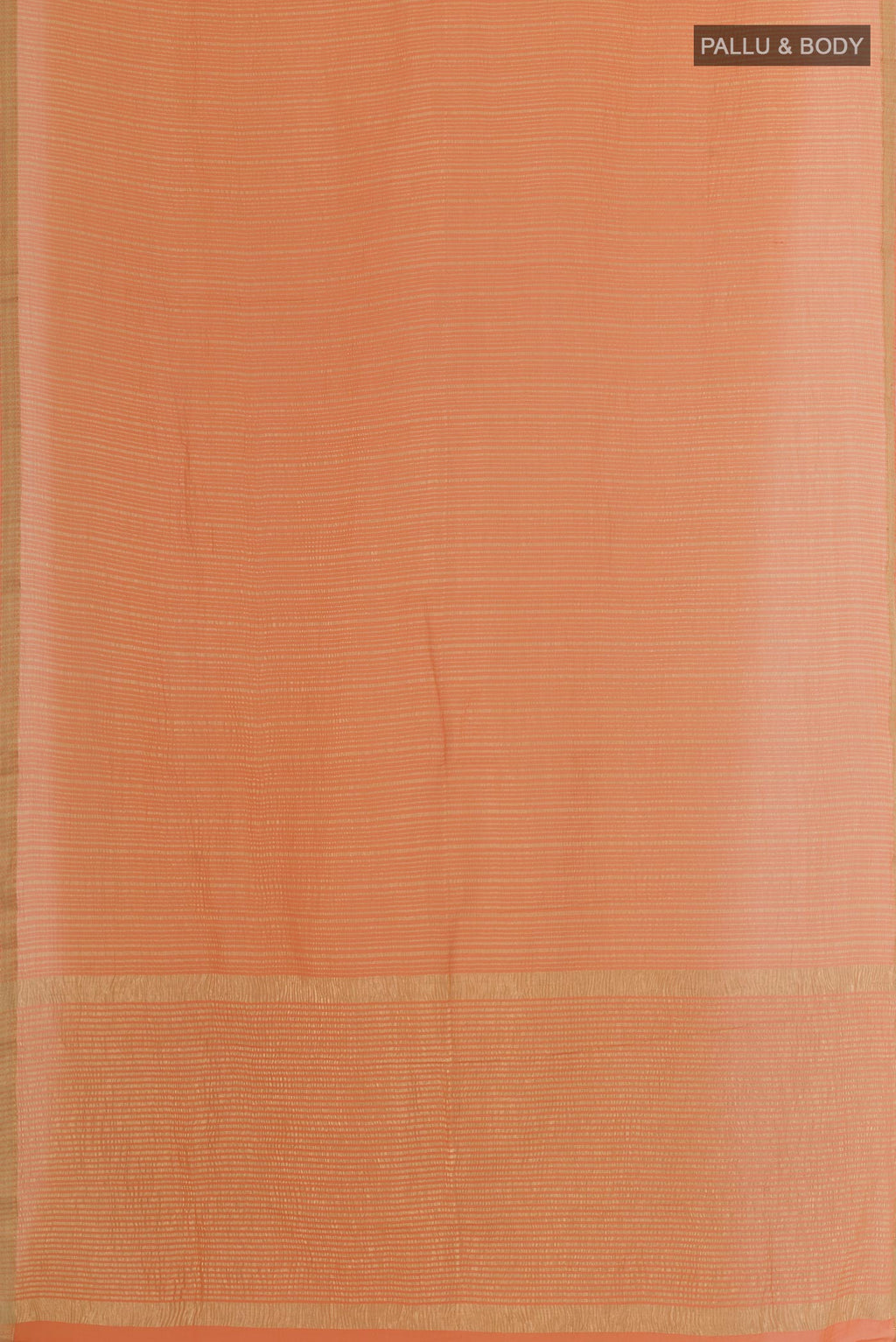 Flat view of Orange Mysore Crepe Saree with Stripes on the body and Zari Border. 