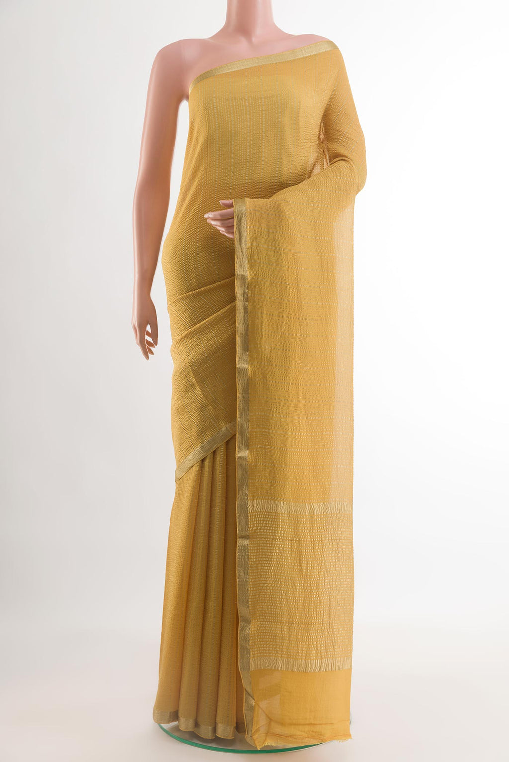 Yellow Mysore Crepe Saree with Stripes on the body and Zari Border.  displayed on a mannequin