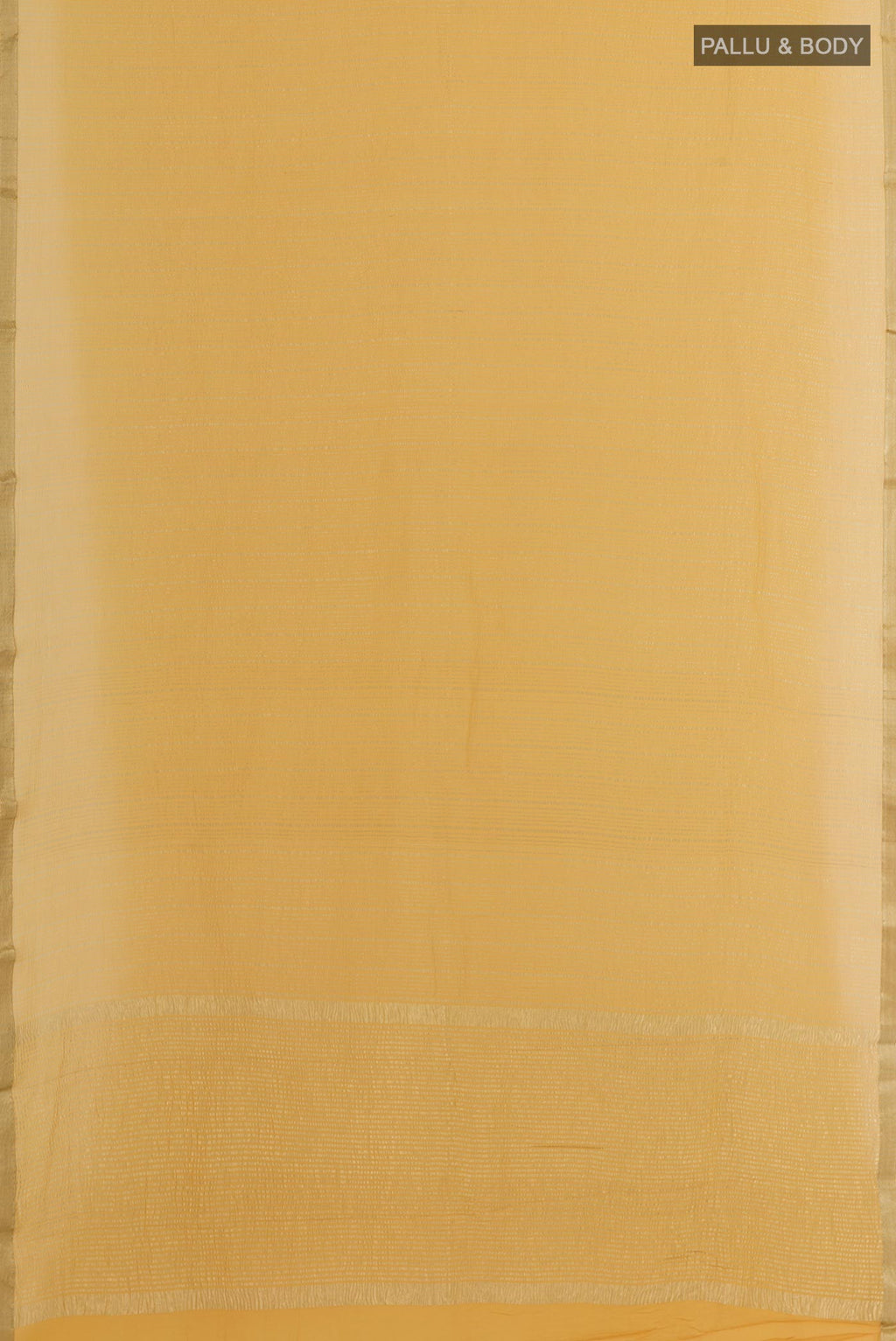Flat view of Yellow Mysore Crepe Saree with Stripes on the body and Zari Border. 