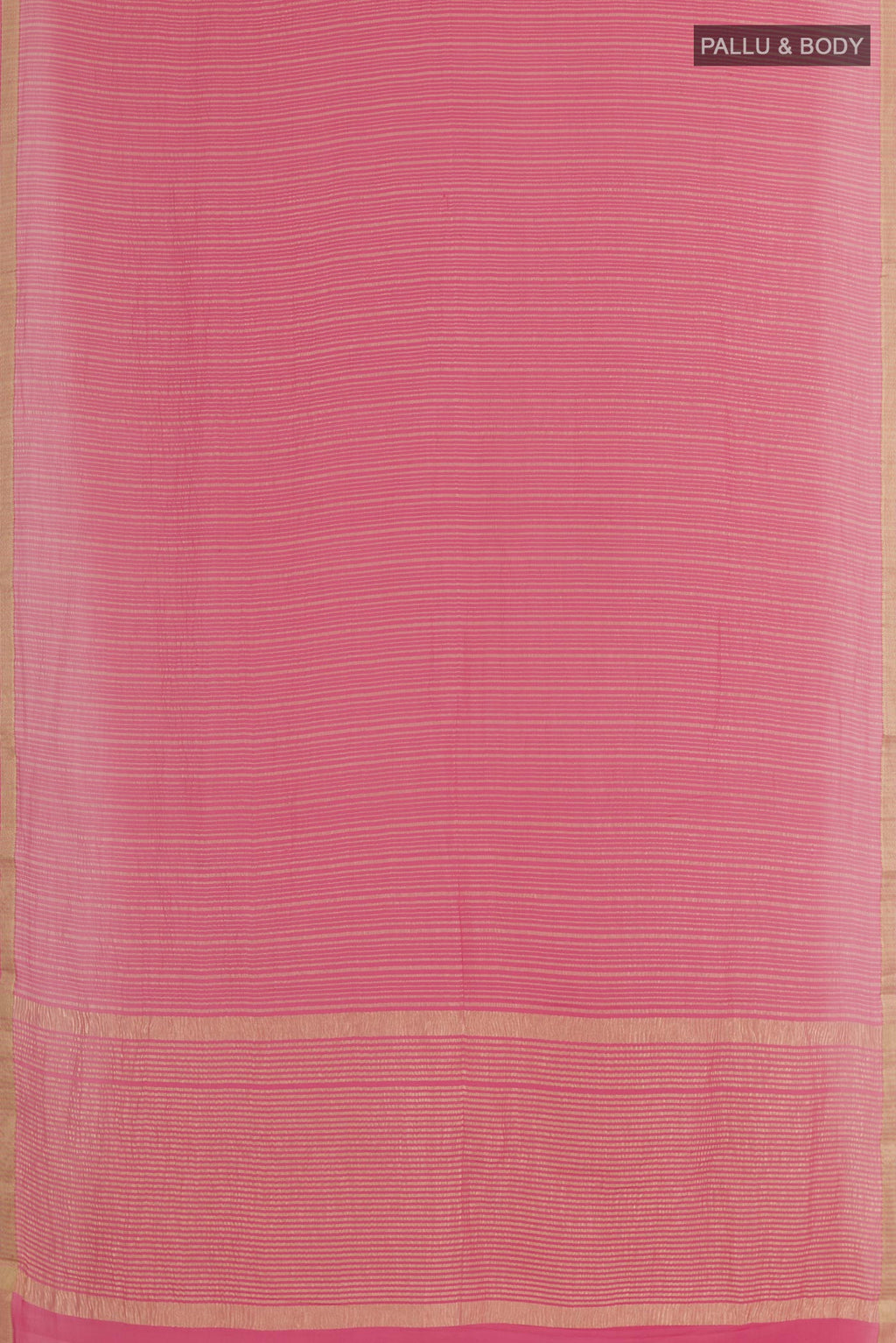 Flat view of Pink Mysore Crepe Saree with Stripes on the body and Zari Border. 