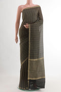 Black Mysore Crepe Saree with Stripes on the body and Zari Border.  displayed on a mannequin