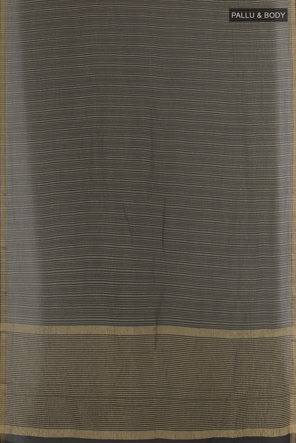 Flat view of Black Mysore Crepe Saree with Stripes on the body and Zari Border. 