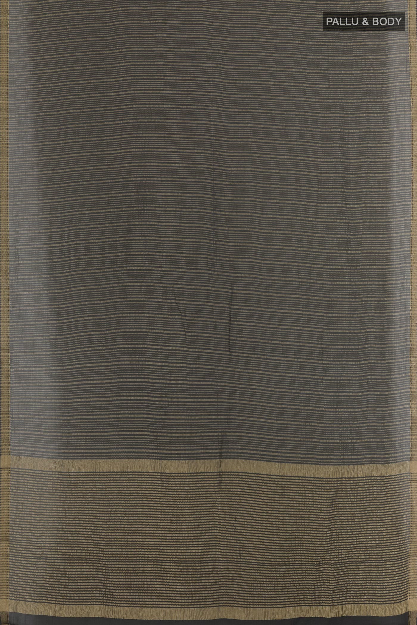 Flat view of Black Mysore Crepe Saree with Stripes on the body and Zari Border. 