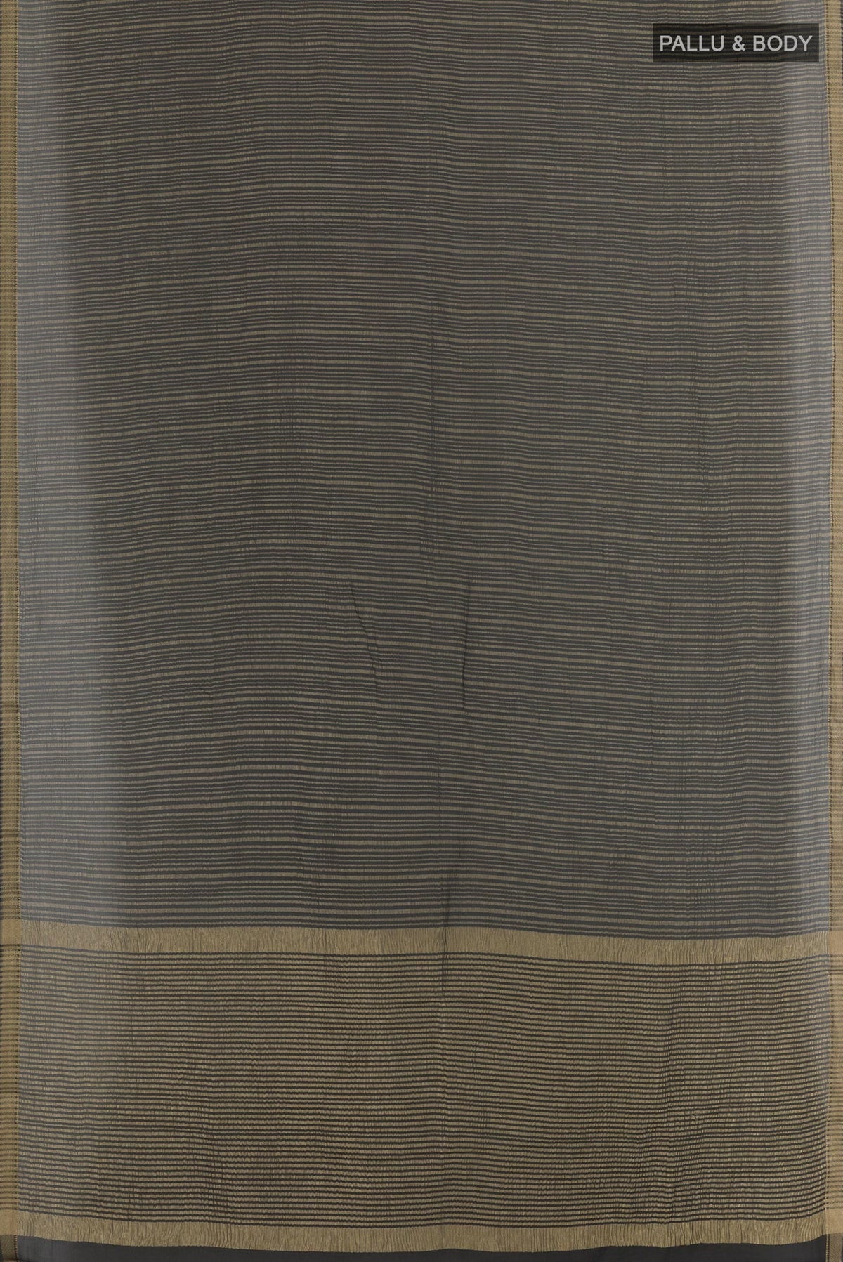 Flat view of Black Mysore Crepe Saree with Stripes on the body and Zari Border. 