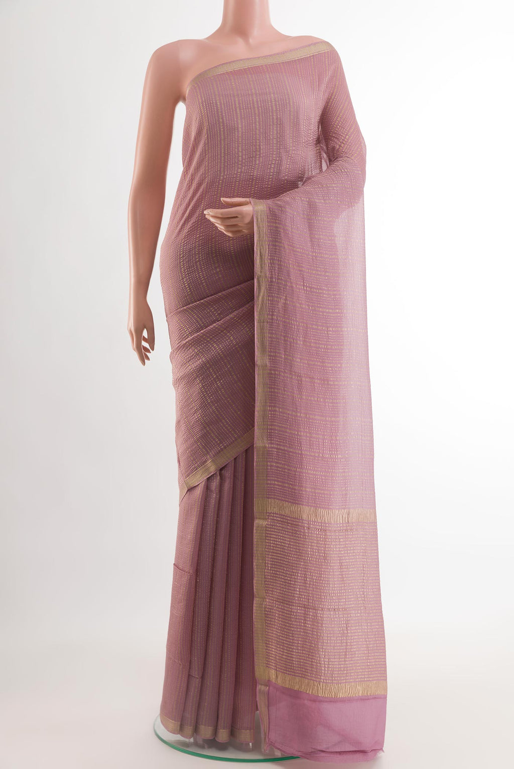 Lavender Mysore Crepe Saree with Stripes on the body and Zari Border.  displayed on a mannequin