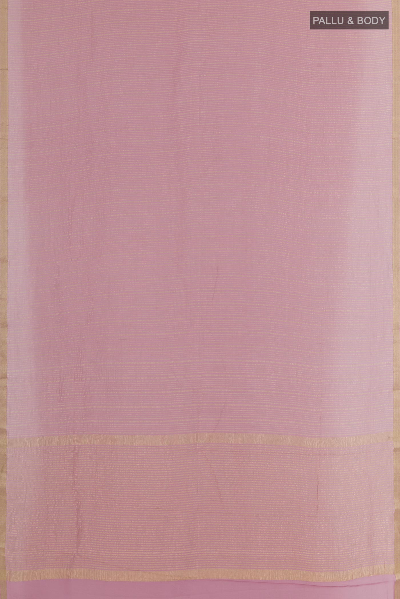 Flat view of Lavender Mysore Crepe Saree with Stripes on the body and Zari Border. 