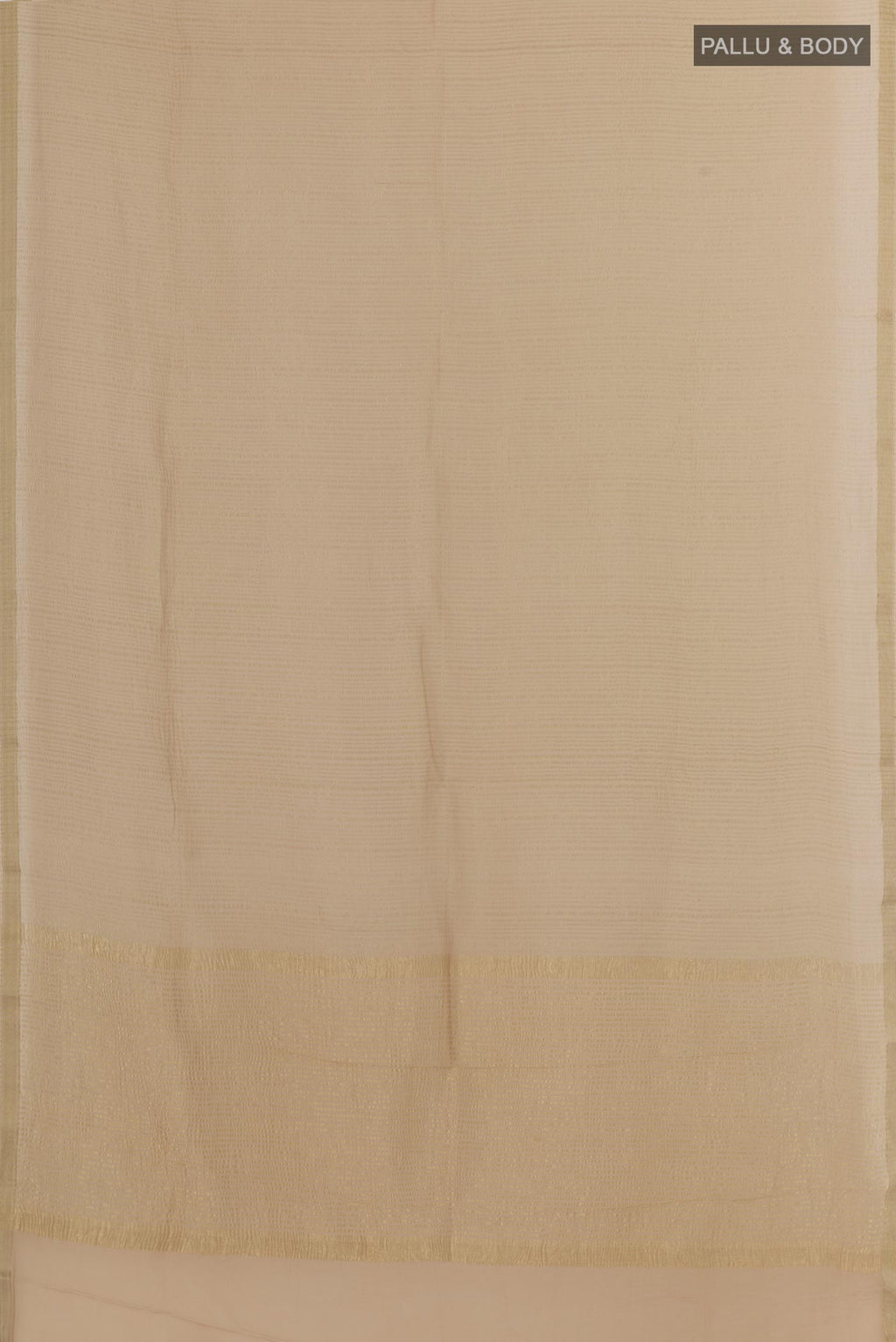 Flat view of Beige Mysore Crepe Saree with Stripes on the body and Zari Border. 