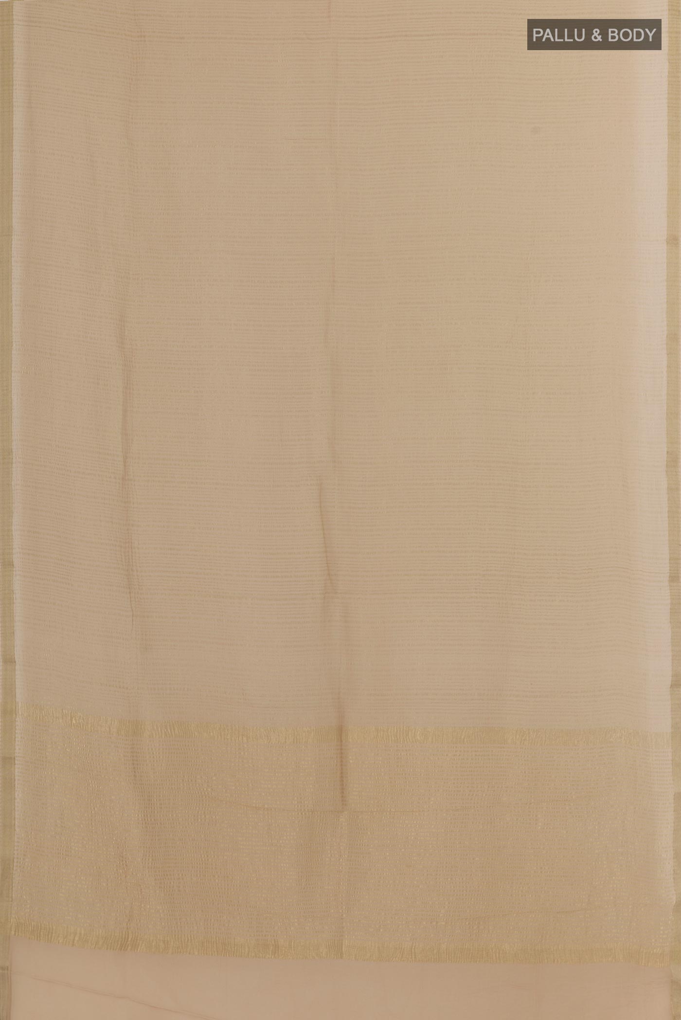 Flat view of Beige Mysore Crepe Saree with Stripes on the body and Zari Border. 