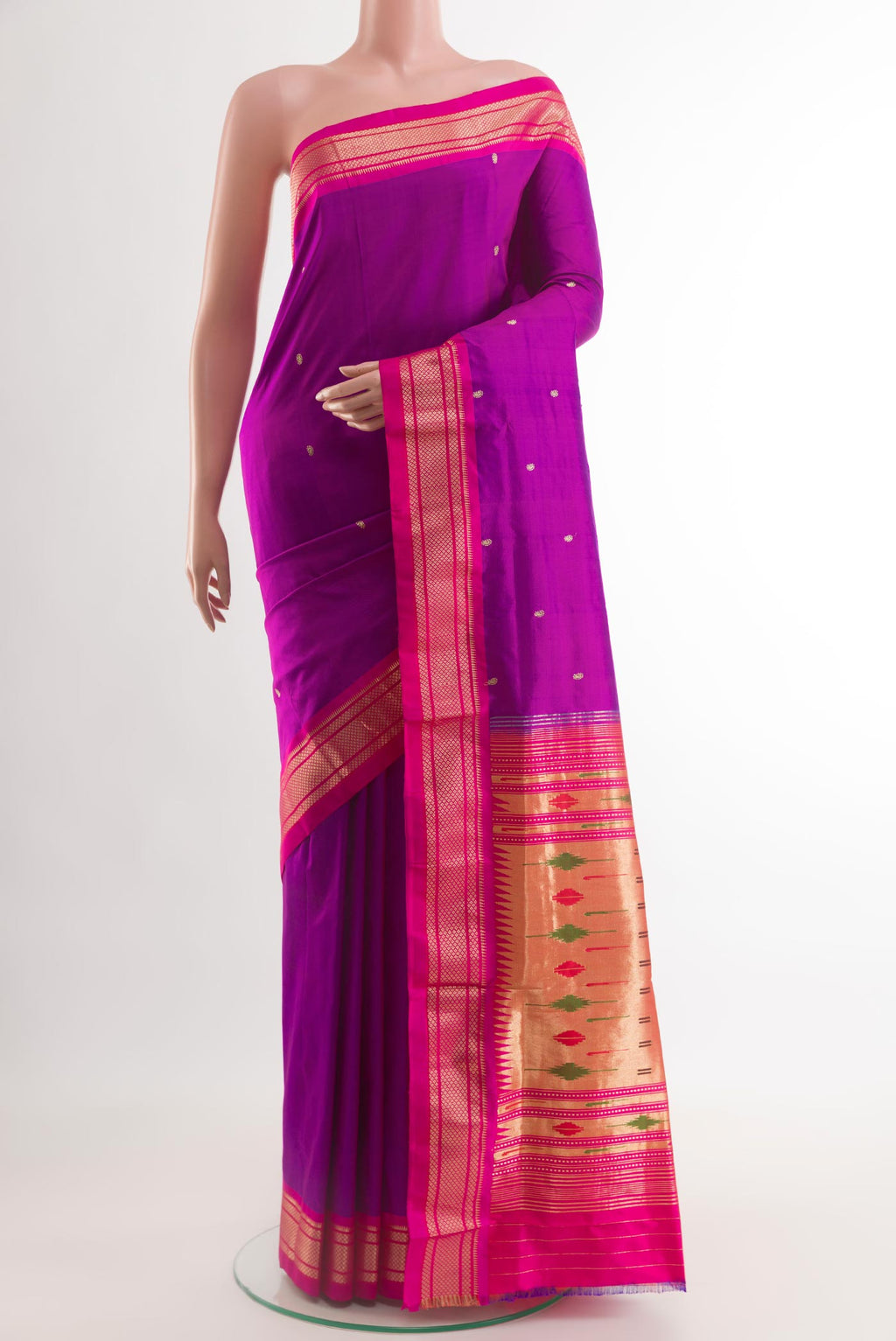 Purple Paithani Silk Saree with Zari Butta on the body and Zari Border.  displayed on a mannequin
