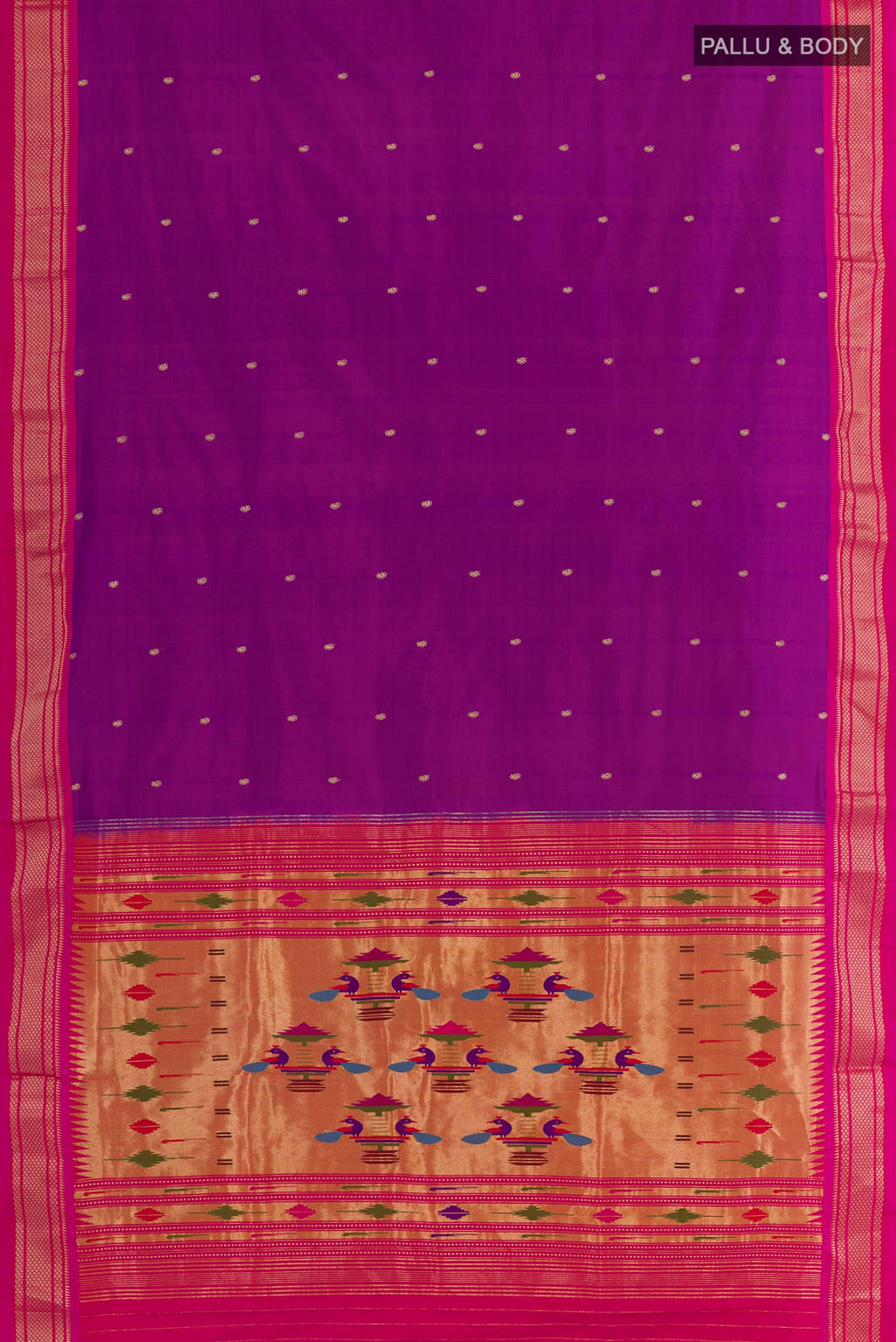 Flat view of Purple Paithani Silk Saree with Zari Butta on the body and Zari Border. 