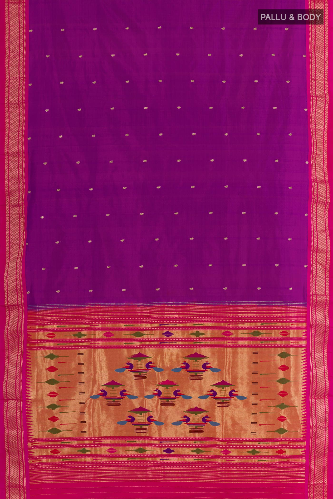 Flat view of Purple Paithani Silk Saree with Zari Butta on the body and Zari Border. 