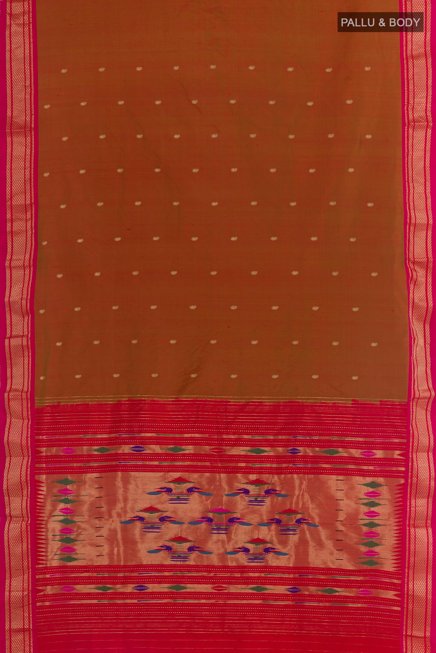 Flat view of Rust Paithani Silk Saree with Zari Butta on the body and Zari Border. 