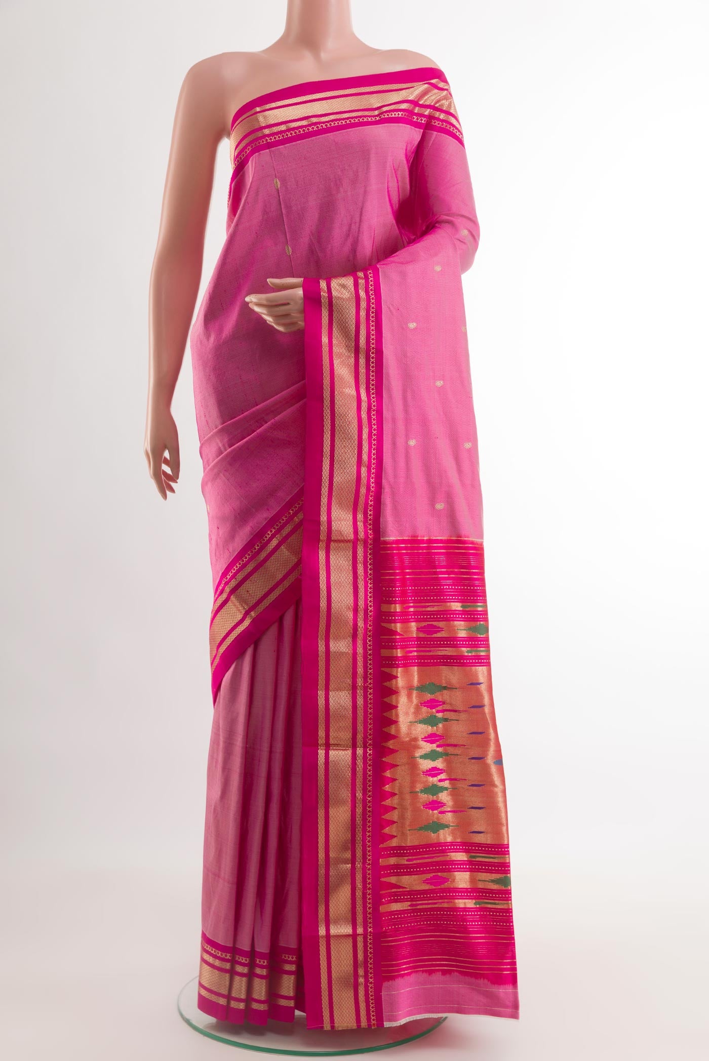 Pink Paithani Silk Saree with Zari Butta on the body and Zari Border.  displayed on a mannequin