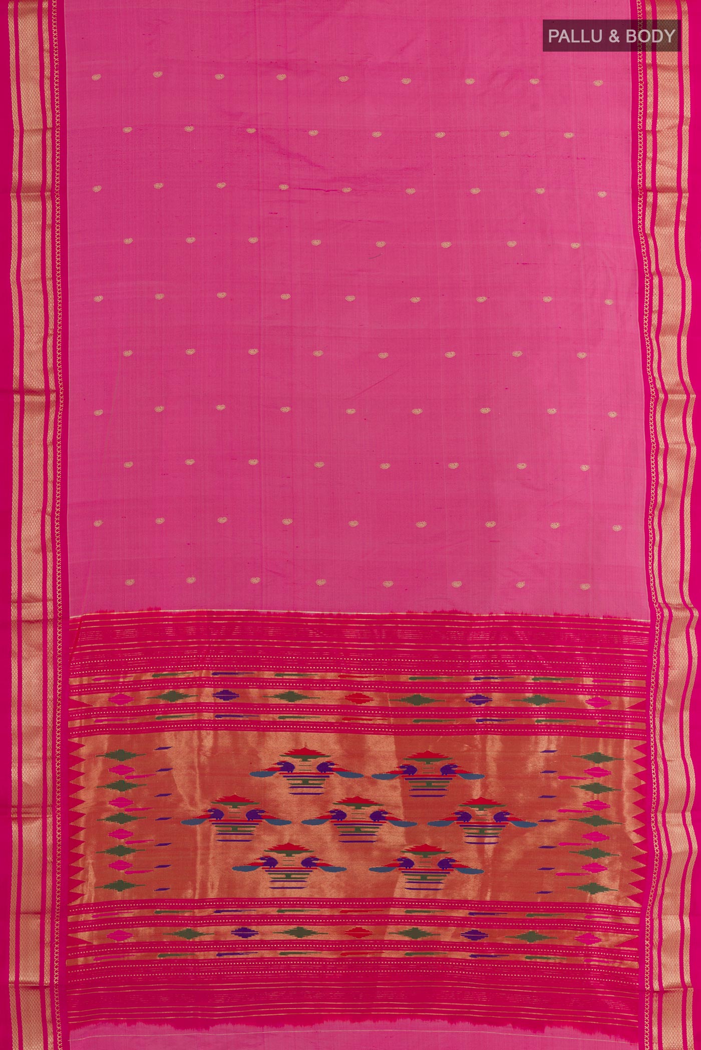 Flat view of Pink Paithani Silk Saree with Zari Butta on the body and Zari Border. 