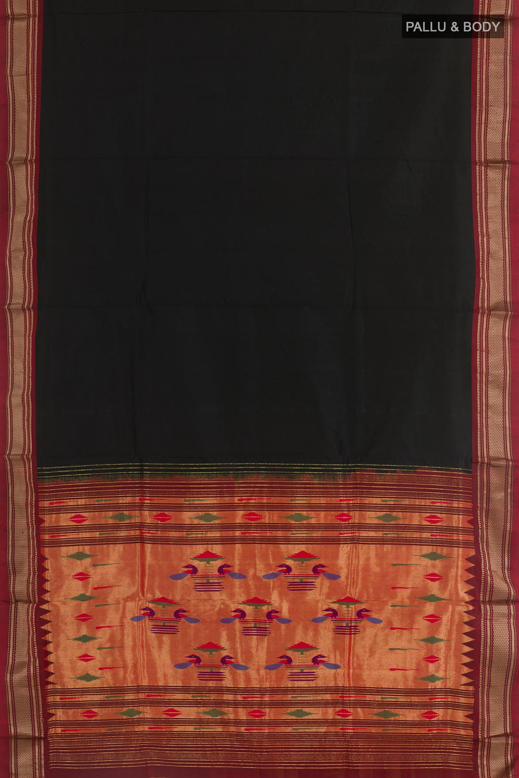 Flat view of Black Paithani Silk Saree with Zari Butta on the body and Zari Border. 