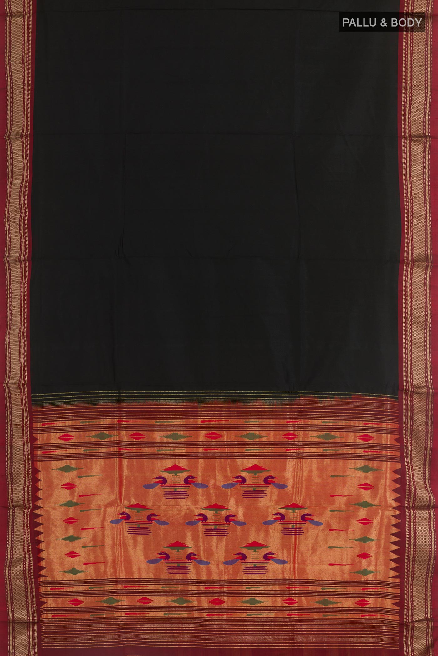 Flat view of Black Paithani Silk Saree with Zari Butta on the body and Zari Border. 