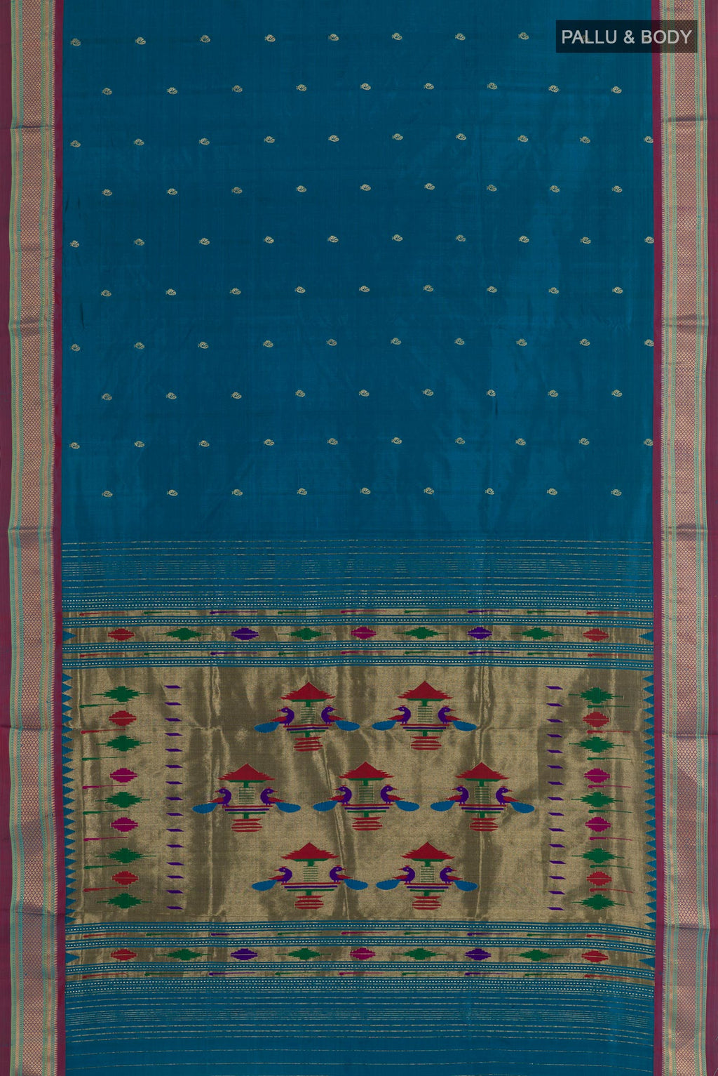Flat view of Blue Paithani Silk Saree with Zari Butta on the body and Zari Border. 