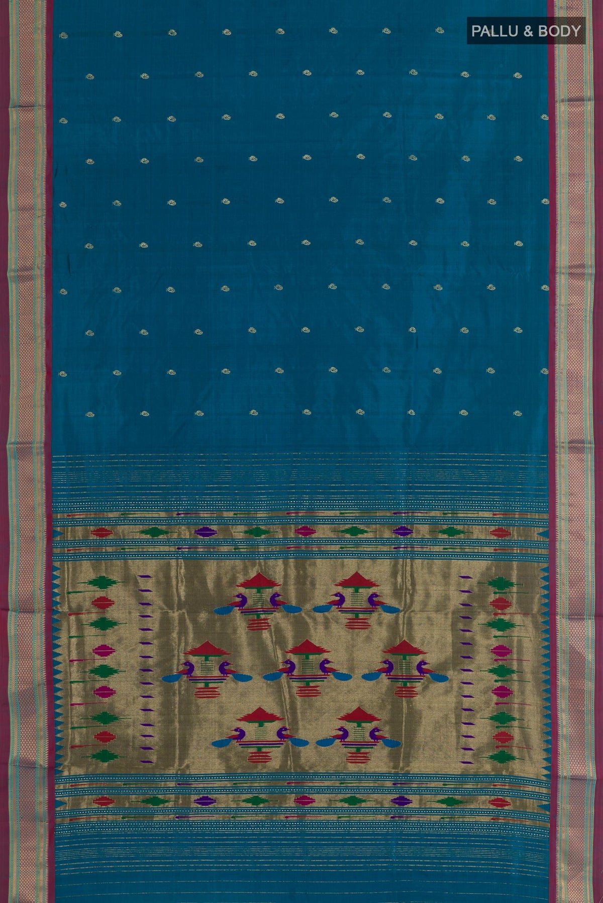 Flat view of Blue Paithani Silk Saree with Zari Butta on the body and Zari Border. 