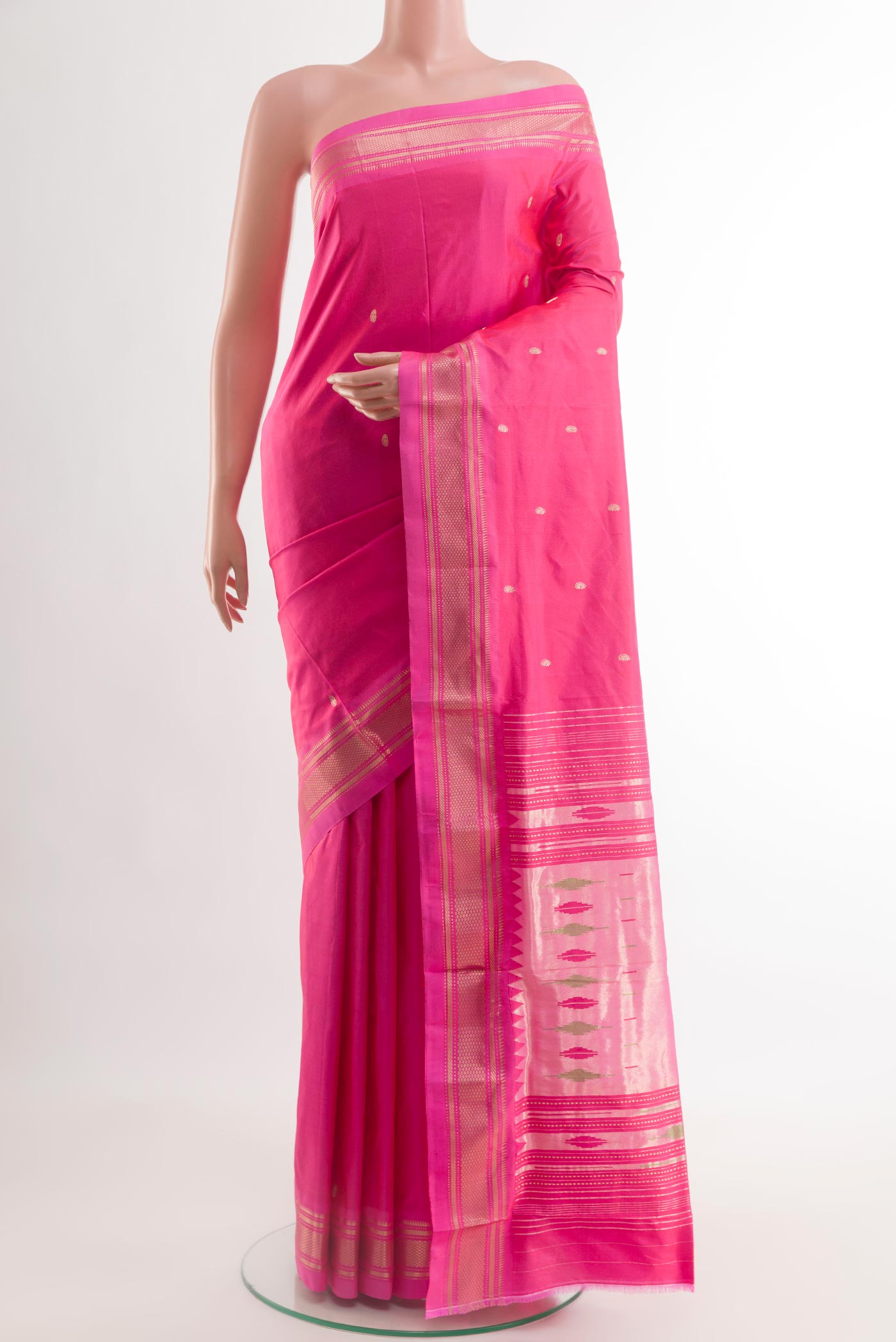 Pink Paithani Silk Saree with Zari Butta on the body and Zari Border.  displayed on a mannequin