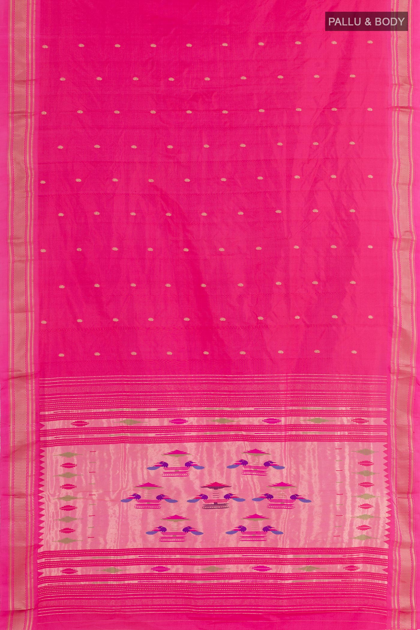 Flat view of Pink Paithani Silk Saree with Zari Butta on the body and Zari Border. 