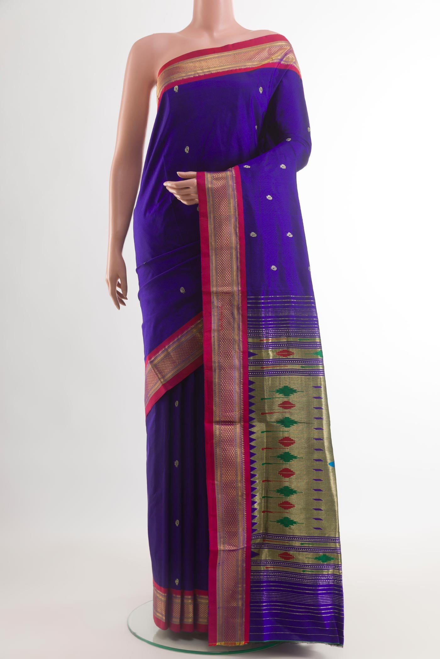 Dark Blue Paithani Silk Saree with Zari Butta on the body and Zari Border.  displayed on a mannequin