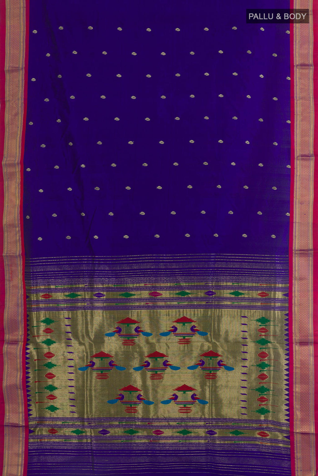 Flat view of Dark Blue Paithani Silk Saree with Zari Butta on the body and Zari Border. 