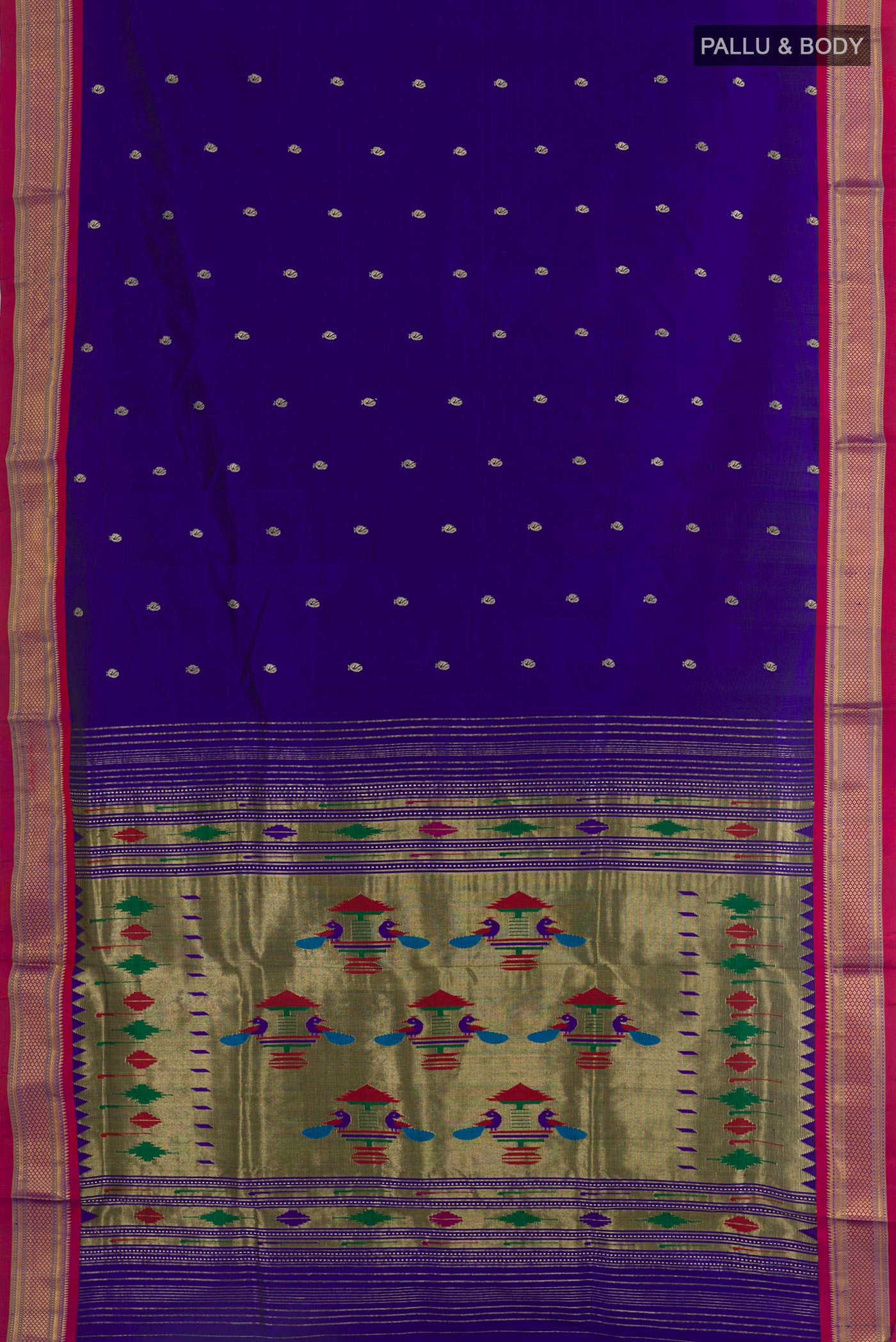Flat view of Dark Blue Paithani Silk Saree with Zari Butta on the body and Zari Border. 