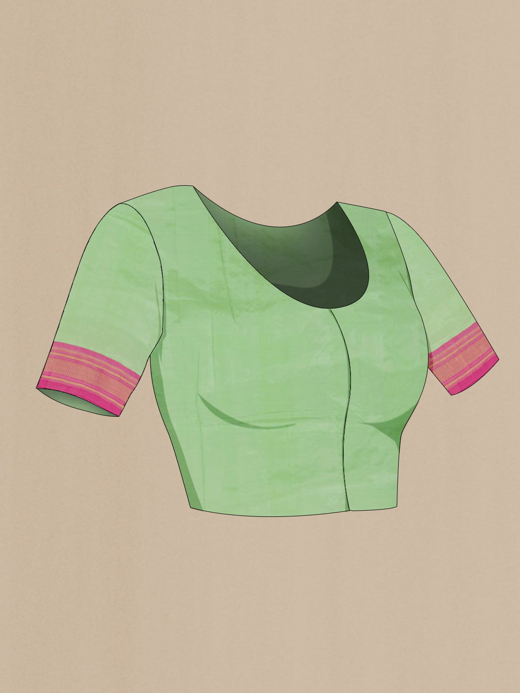 Close up image of the blouse of Mint Green Paithani Silk Saree with Zari Butta on the body and Zari Border. 