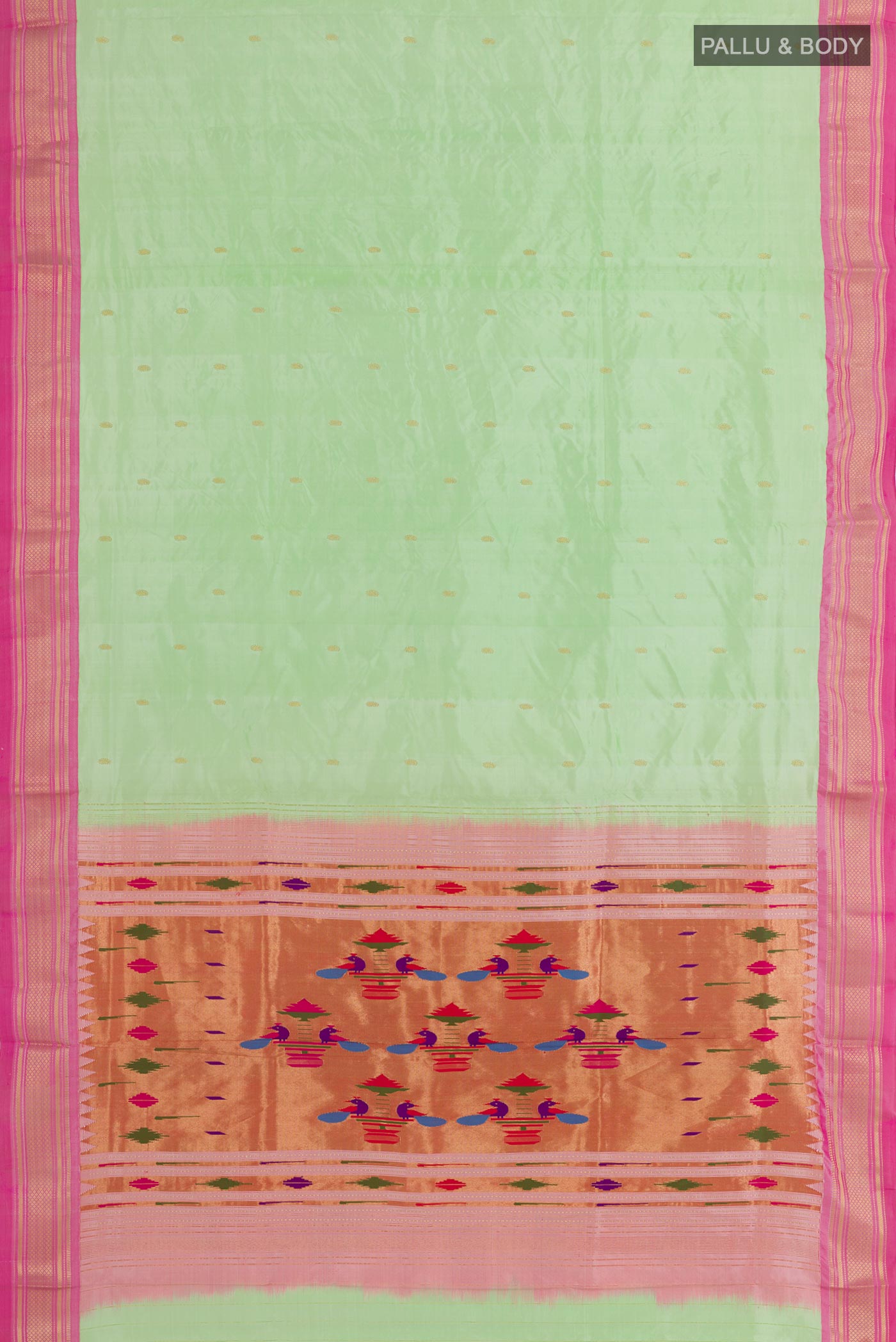 Flat view of Mint Green Paithani Silk Saree with Zari Butta on the body and Zari Border. 