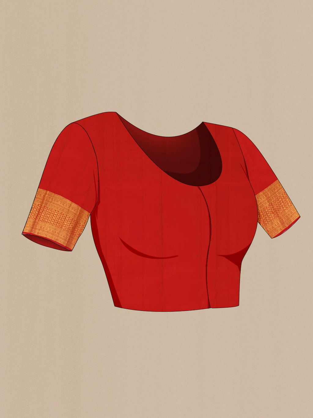 Close up image of the blouse of Brick Orange Kanchipuram Silk Saree with Zari Butta on the body and Zari Border. 